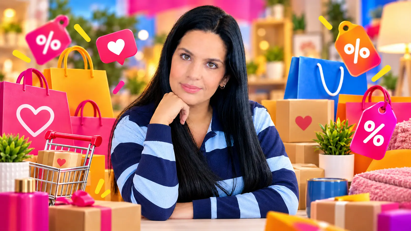 Mariana, da A Casa125 Shop, em um cenário colorido de achadinhos e descontos